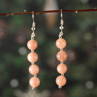 Onyx beaded dangle earrings, 'Peach Glory' - Beaded Earrings with Spherical Onyx Stones in Peach Hue