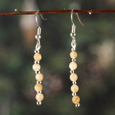 Onyx beaded dangle earrings, 'Luminous Dew Drops' - Onyx Beaded Dangle Earrings with Stainless Steel Accents