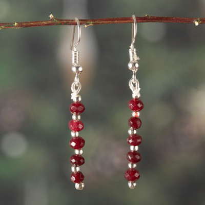 Onyx beaded dangle earrings, 'Radiant Dew Drops' - Beaded Dangle Earrings with Faceted Red Onyx Gemstones