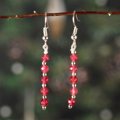 Onyx beaded dangle earrings, 'Ruby Dew Drops' - Beaded Dangle Earrings with 10 Faceted Pink Onyx Stones