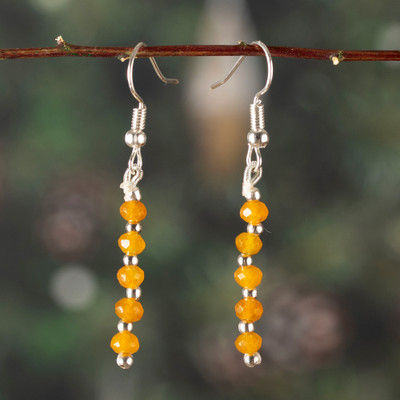 Onyx beaded dangle earrings, 'Golden Dew Drops' - Beaded Dangle Earrings with 10 Yellow Onyx Gemstones