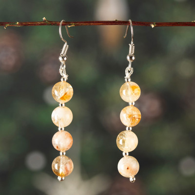 Citrine beaded dangle earrings, 'Sunny Flair' - 8 Round Citrine Stones and Stainless Steel Dangle Earrings