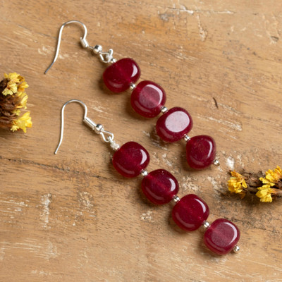 Onyx beaded dangle earrings, 'Grand Red Aura' - Beaded Dangle Earrings with 8 Red Rounded Cube Onyx Stones