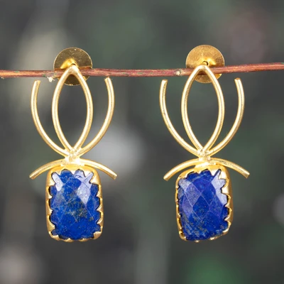 Lapis lazuli statement earrings, 'Sculptural Bloom' - Sculptural 16 Carat-Lapis Lazuli Brass Statement Earrings