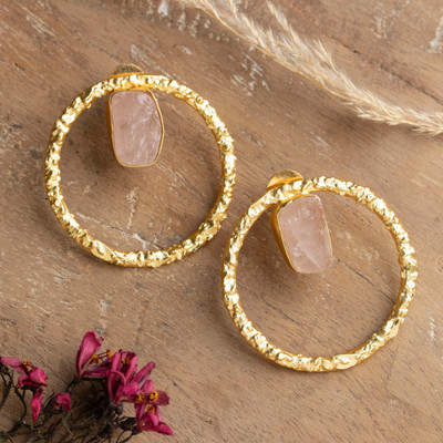Rose quartz statement earrings, 'Loops of Luxe' - 21-Carat Rose Quartz Brass Circular Statement Earrings