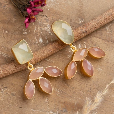 Rose quartz and prehnite chandelier earrings, 'Pastel Duo' - 30-Carat Rose Quartz Prehnite Brass Chandelier Earrings