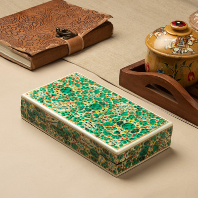 Wood and papier mache decorative box, 'Green Floral Kaleidoscope' - Wood Papier Mache Decorative Box with Floral Motifs in Green