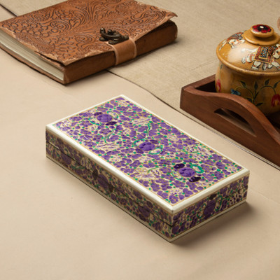 Wood and papier mache decorative box, 'Purple Floral Kaleidoscope' - Purple Floral Hand-Painted Wood Papier Mache Decorative Box