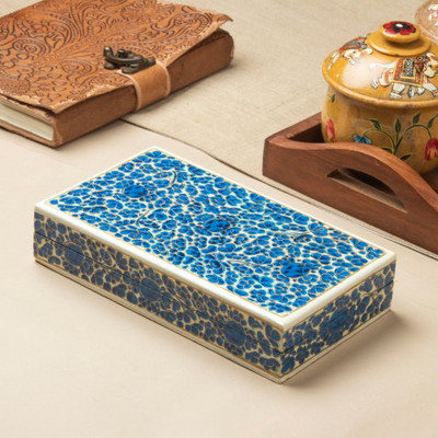 Wood and papier mache decorative box, 'Blue Floral Kaleidoscope' - Floral Painted Lacquered Wood Papier Mache Decorative Box