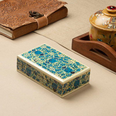 Wood and papier mache decorative box, 'Blue Hazara' - Hazara Floral-Themed Blue Wood Papier Mache Decorative Box