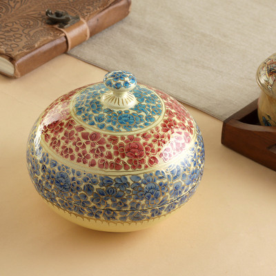 Wood and papier mache decorative box, 'The Azure Palace' - Floral-Patterned Red and Azure Papier Mache Decorative Box