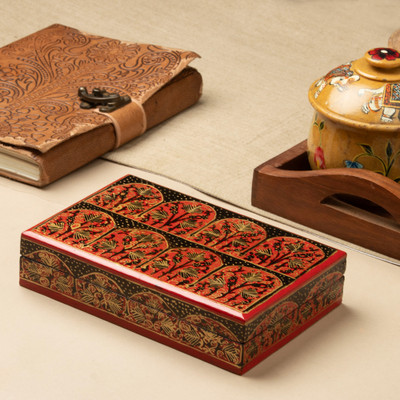 Wood and papier mache decorative box, 'Crimson Arches' - Sylvan-Inspired Painted Crimson and Black Papier Mache Box