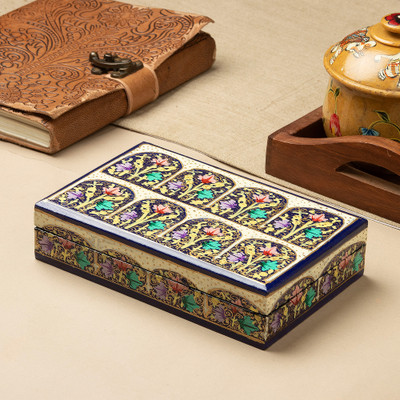 Wood and papier mache decorative box, 'Royal Arch' - Classic India-Inspired Blue and Golden Papier Mache Box