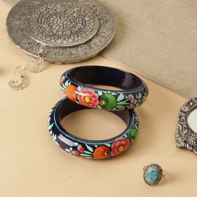 Wood bangles, 'Nocturne Flora' (pair) - Floral Weeping Willow Wood Bangle Pair in Midnight Blue Hues