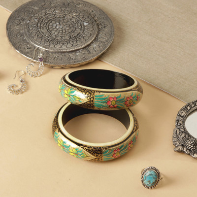 Wood bangles, 'Golden Duchess' (pair) - Golden and Black Floral Weeping Willow Wood Bangle Pair