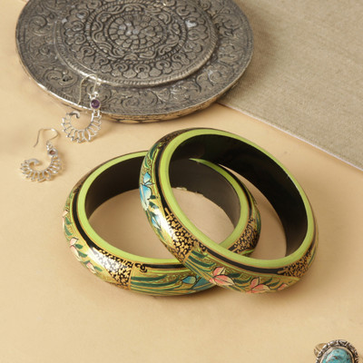 Wood bangles, 'Golden Marchioness' (pair) - Hand-Painted Green and Golden Wood Bangle Bracelet Pair