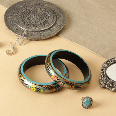 Wood bangles, 'Golden Damsel' (pair) - Spring-Themed Golden and Blue Wood Bangle Bracelet Pair