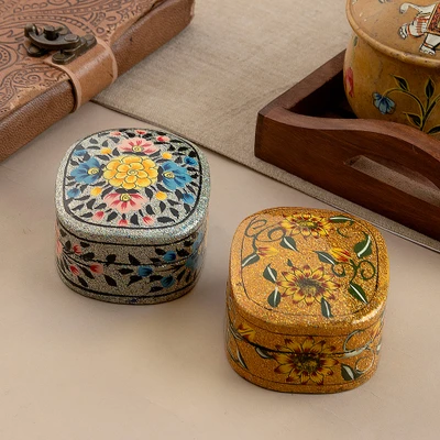 Wood and papier mache decorative boxes, 'Garden Gleam' (pair) - 2 Silver and Golden-Hued Wood Papier Mache Decorative Boxes