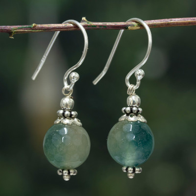 Agate dangle earrings, 'Moonlit Lagoon' - Polished Sterling Silver Green-Blue Agate Dangle Earrings