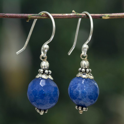 Agate dangle earrings, 'Moonlit Globe' - Artisan-Made Sterling Silver and Blue Agate Dangle Earrings