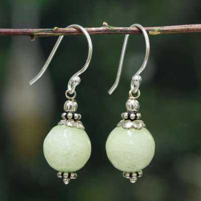 Agate dangle earrings, 'Moonlit Sapience' - Bright Green-Toned Agate and Sterling Silver Dangle Earrings