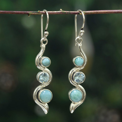 Larimar and blue topaz dangle earrings, 'Swirling Heaven' - Avant-Garde Polished 1-Carat Larimar and Blue Topaz Earrings