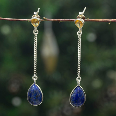 Lapis lazuli and citrine dangle earrings, 'Simply Regal' - Modern Lapis Lazuli and Citrine Cabochon Dangle Earrings