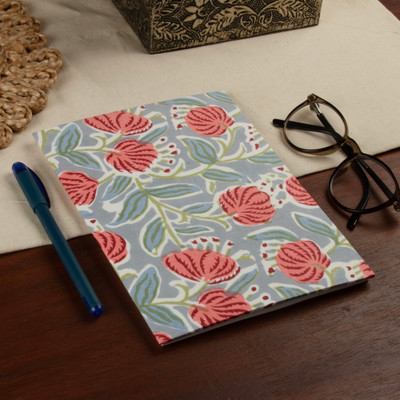 Cotton daily planner, 'Blossoming Mornings' - Red and Blue 43-Page Block-Printed Cotton Daily Planner