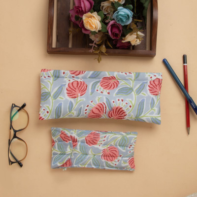 Cotton pencil and eyeglass case set, ‘Blossoming Functionality' - Floral-Themed Cotton Pencil and Eyeglass Case 2-Piece Set