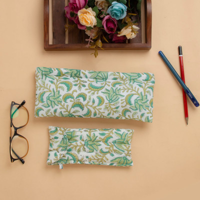 Cotton pencil and eyeglass case set, ‘Leafy Functionality' - 2-Piece Cotton Pencil and Eyeglass Case Set with Leaf Design