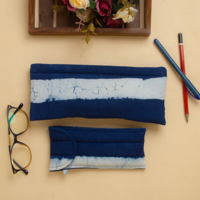 Cotton pencil and eyeglass case set, ‘Indigo Functionality' - Striped Blue White Cotton Pencil Eyeglass Case 2-Piece Set