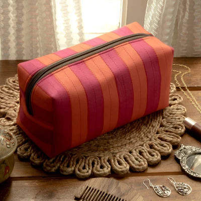 Cotton toiletry case, 'Sweet Habits' - Fuchsia and Red Striped Cotton Toiletry Case with Zipper