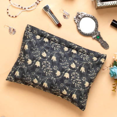 Cotton toiletry case, 'Nighttime Basics' - Floral and Vine-Themed Cotton Toiletry Case and Travel Pouch