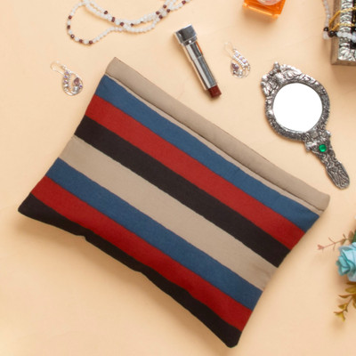 Cotton toiletry case, 'Chic Basics' - Hand-Block Printed Striped Cotton Toiletry Case Travel Pouch
