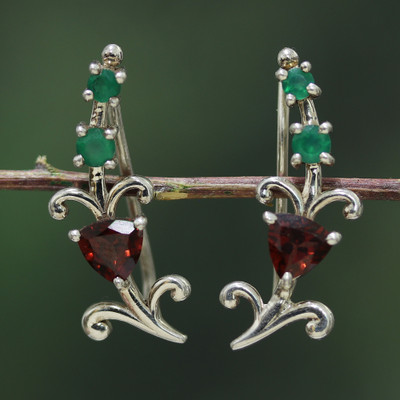 Garnet and onyx climber earrings, 'Royal Cascade' - Garnet Green Onyx and Silver Climber Earrings