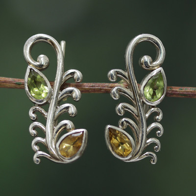 Citrine and peridot climber earrings, 'Serene Whispers' - Feather Vine-Inspired Silver Climber Earrings