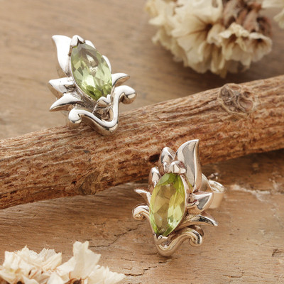 Peridot button earrings, 'Springbud Gleam' - Peridot Silver Button Earrings with Budding Petal Theme
