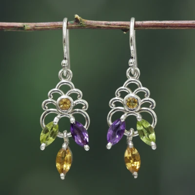 Multi-gemstone chandelier earrings, 'Celestial Bloom' - Peridot Citrine Amethyst Silver Jali Chandelier Earrings