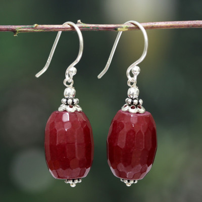 Agate dangle earrings, 'Imperial Glow' - Ruby-Hued Agate Sterling Silver Dangle Earrings from India