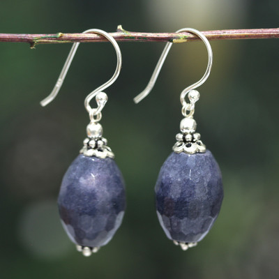 Agate dangle earrings, 'Indigo Facets' - Silver Dangle Earrings with Blue Faceted Agate Gemstone