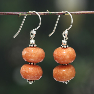 Agate dangle earrings, 'Coral Horizon' - Sterling Silver Dangle Earrings with Four Peach Agate Stones