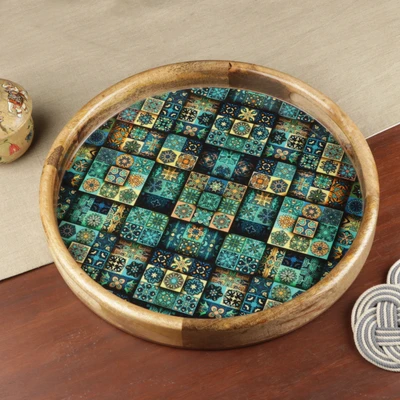 Wood tray, 'Mosaic of Waters' - Round Mango Wood Mandala Tray in a Yellow and Teal Palette