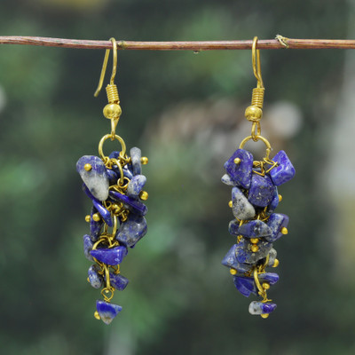 Lapis lazuli cluster earrings, 'Boho Blue' - Bohemian Polished Cluster Earrings with Lapis Lazuli Chips