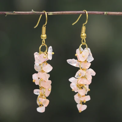 Rose quartz cluster earrings, 'Boho Sweet' - Bohemian-Inspired Rose Quartz Chip Cluster Dangle Earrings