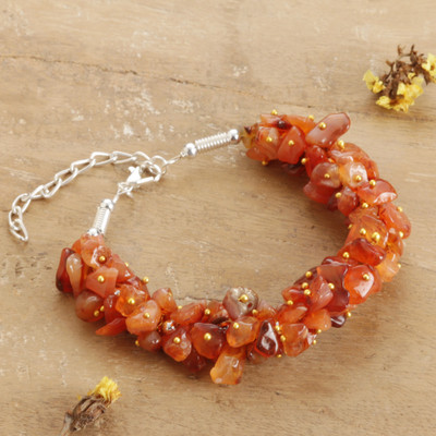 Carnelian beaded bracelet, 'Boho Courage' - Warm-Palette Carnelian Beaded Bracelet with Golden Accents