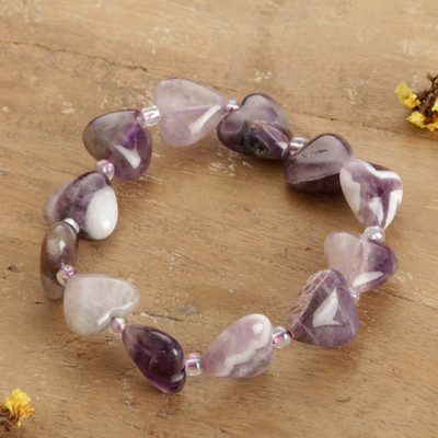 Amethyst beaded bracelet, 'Whisper of Love' - Romantic Purple Amethyst Bracelet with Heart-Shaped Gems
