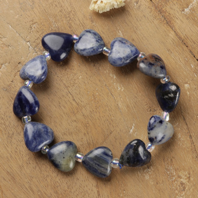 Lapis lazuli and quartz beaded stretch bracelet, 'Hearts of Sea' - Lapis Lazuli Quartz Beaded Stretch Bracelet with Heart Motif