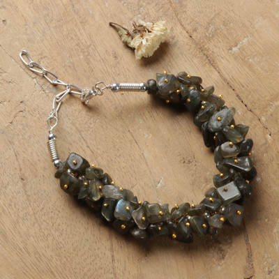 Labradorite beaded wristband bracelet, 'Boho Slate' - Labradorite Beaded Bracelet with Golden-Hued Beads