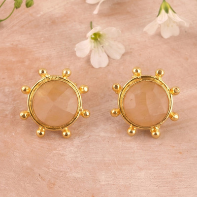 Chalcedony button earrings, 'Sunny Blush' - 7-Carat Chalcedony Button Earrings in a High Polish Finish