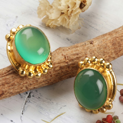 Onyx button earrings, 'Enchanted Meadows' - Green Onyx Cabochon Button Earrings with Sun-Themed Motifs